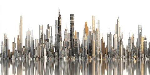 Poster Reflectie A cityscape of various tall buildings reflected in calm water with a white sky  © Pen