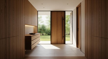 Fototapeta premium Warm Lit Foyer with Wooden Textures and Sunny Outdoor View