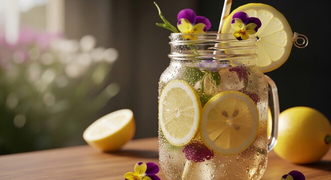 Refreshing Lemonade with Lemon Slices and Pansies on Table