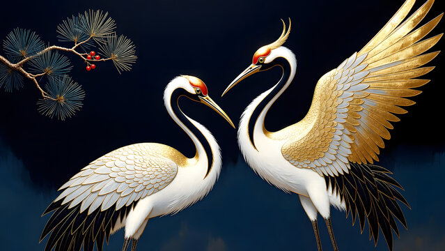 Luxury Gold Foil Japanese Crane Pair Wedding Lacquerware Style Illustration