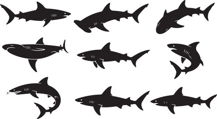 Nine black silhouette sharks in various swimming positions against a white background