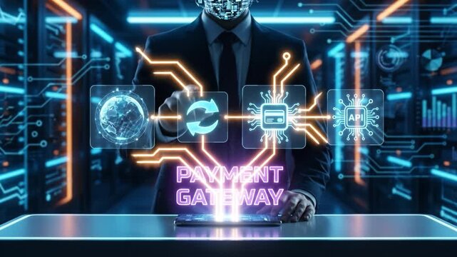 Payment gateway interface with businessman suit interacting with glowing hologram financial icons and secure transaction encryption data center gateway glowing above tablet server room with suited