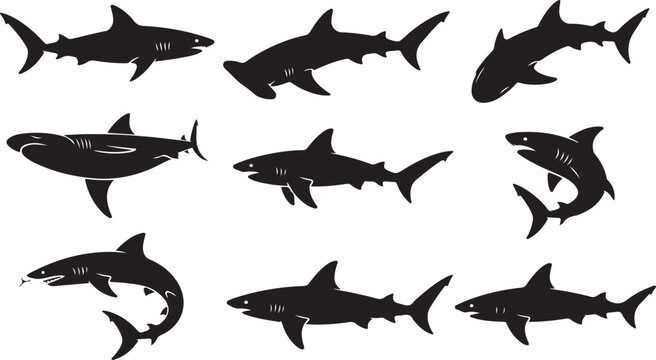 Nine black silhouette sharks in various swimming positions against a white background