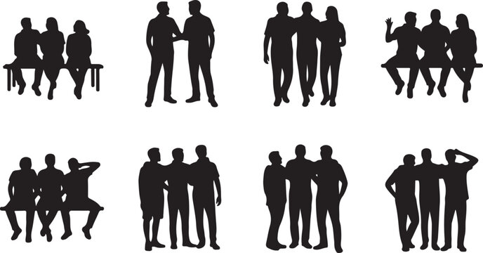 Silhouettes of groups of people in various poses and interactions black white