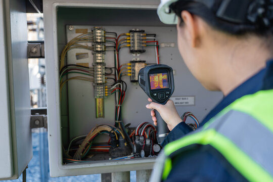 Over-shoulder thermal camera infrared inspection monitoring inside marshalling cabinet; technician checks fuse blocks and cable lugs for abnormal heat during routine patrol. onsite