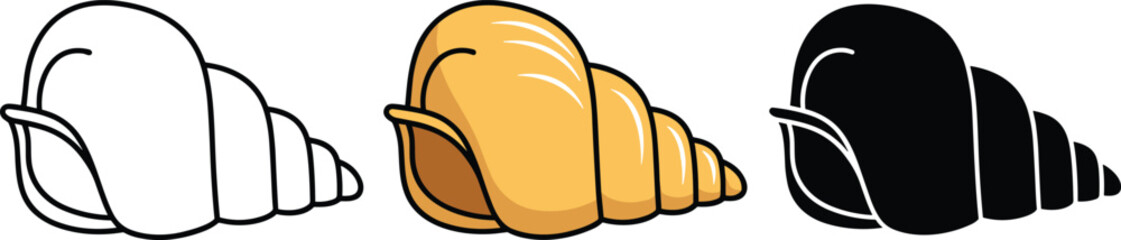 Set of spiral seashell vectors featuring minimalist black line art, golden colored illustration, and solid black silhouette for summer beach and marine nature designs. © Maslima