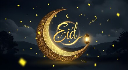Naklejka premium Celebration of eid under a sparkling crescent moon in night sky