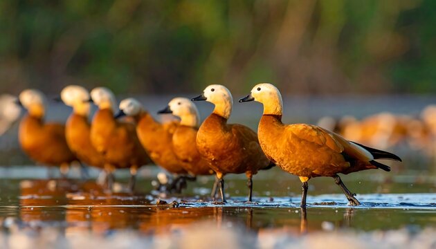 A row of ruddy shelducks stand in shallow water; brown bodies contrast with creamy heads against a blurred background