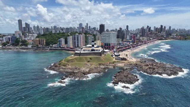 Barra Lighthouse In Salvador In Bahia Brazil. Summer Landscape. Beach Cityscape. Tropical Skyline. Barra Lighthouse In Bahia Brazil. Nature Scenery. Paradisiac Seascape.