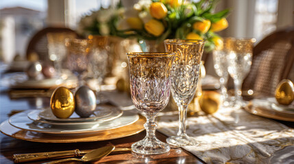 Elegant Easter table setting with gold accents, crystal glassware and tulip bouquet in warm sunlight