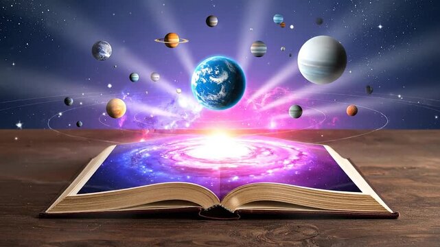An open book with a and planets, symbolizing knowledge, imagination, and the universe.