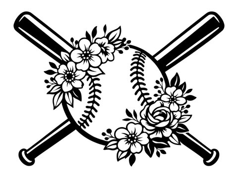 Elegant Floral Baseball Design With Crossed Bats And Flowers, Botanical Sports Equipment Illustration For Female Athletes