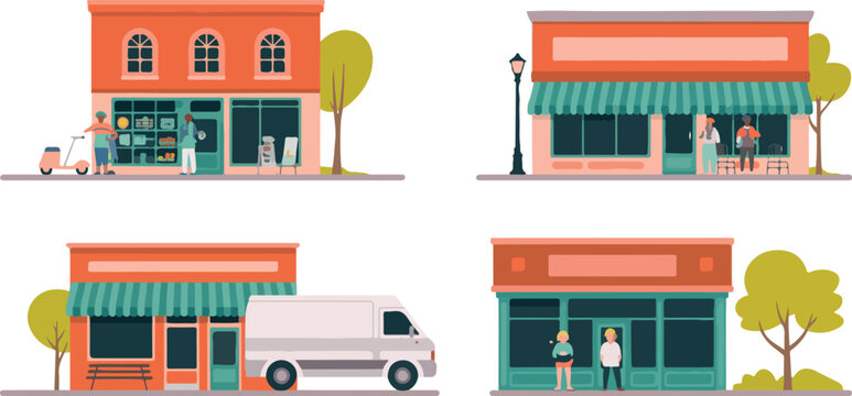Local grocery and small shop storefront buildings vector set with people characters isolated on white modern city retail illustration