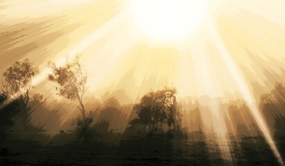 Landscape with an Eucalyptus tree and morning fog over rural land mixed media © lehmannw
