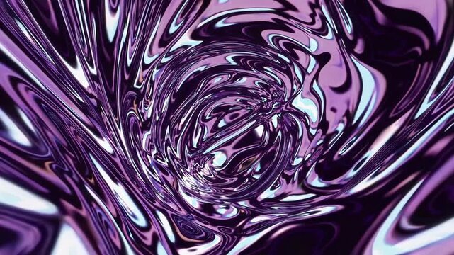 A glossy purple vortex ripples toward the center like liquid chrome, its mirrored waves twisting into concentric folds and highlights, creating a hypnotic tunnel of swirling reflections.