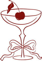 Fototapeta premium Cocktail glass with cherry and coquette ribbon bow. Vintage hand drawn wedding line art illustrations and graphic elements series