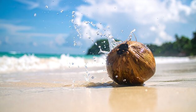 Coconut Splash: Capturing the moment a fresh coconut encounters the cool caress of the sea, the image celebrates the essence of summer, offering a sensory invitation to the beach.