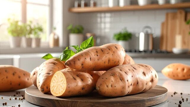 Freshly harvested sweet potatoes arranged on a wooden board in a bright kitchen setting, ready for cooking.