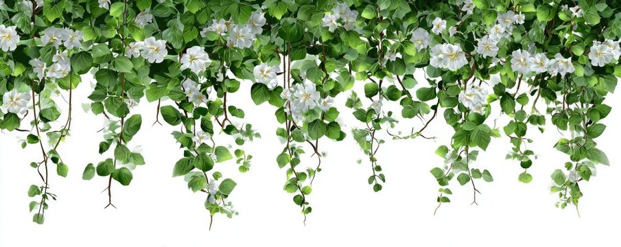 Green foliage with white flowers hanging down, on a white background, resembling a floral border