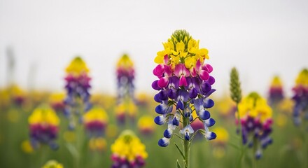 Obraz premium Vibrant field of colorful wildflowers with yellow, pink, purple, and blue gradient blooms under a soft sky.