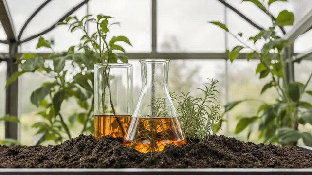 Scientific research with plants and amber liquid in laboratory glassware on soil