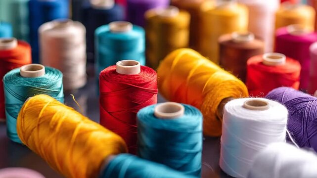 Colorful spools of thread arranged in a close-up shot, showcasing various vibrant colors and textures.