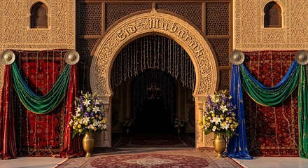 Fototapeta premium Ornate archway decorated with curtains and floral arrangements