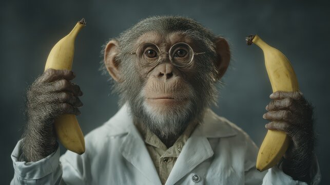 A chimpanzee wearing a white lab coat and glasses holds two bananas, looking directly at the viewer.