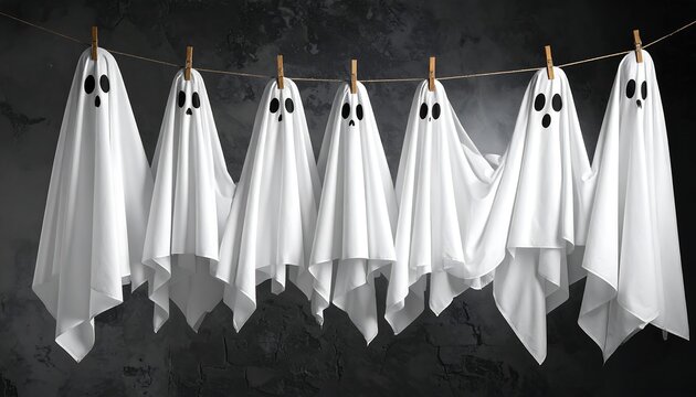 A row of white sheet ghosts hang on a clothesline against a dark, textured wall