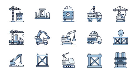 A collection of flat-style vector icons featuring various construction machinery, heavy equipment, and industrial structures. © Rayi