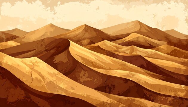 An artistic depiction of rolling sand dunes under a bright sky, rendered in warm, earthy tones, creating a serene landscape