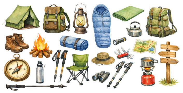 A charming watercolor collection of camping gear and hiking essentials for outdoor adventure illustrations and travel design.