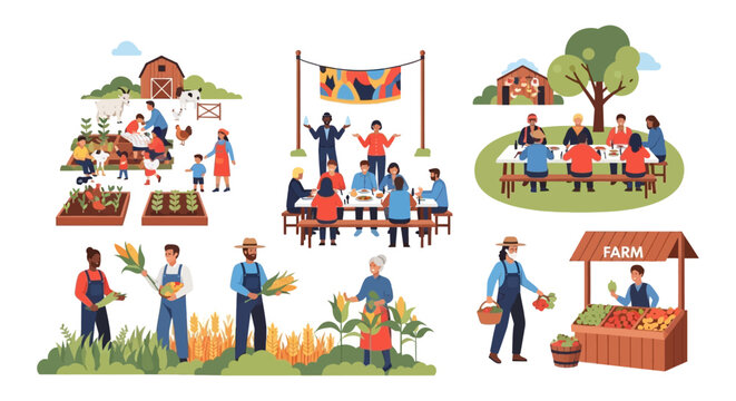 Farm-to-Table Community Life Vector Set. Farmers harvesting, families visiting the barn, people dining, local market stands, and sustainable agriculture illustration.