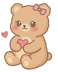 Obraz premium Cute kawaii brown bear character with a pink bow and hearts, sticker style cool professional illustration. Creative graphic design