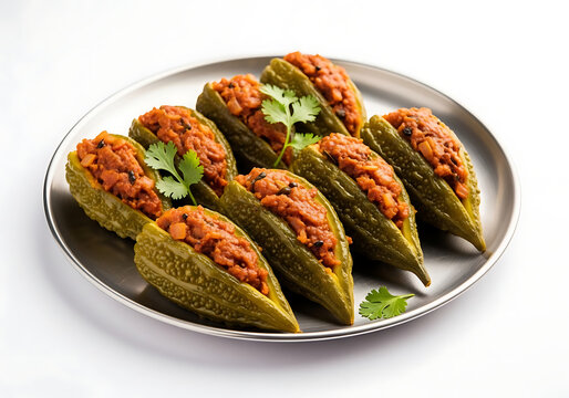Bharwa karela indian stuffed bitter melon with spicy onion and tomato masala filling on stainless steel plate.