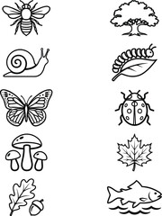 Obraz premium Nature and Biodiversity Line Art Icon Set - Minimalist Wildlife and Botany Vector