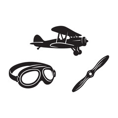 Vintage Aviation Biplane Aviator Goggles and Wooden Propeller Silhouette Set © MAHEDI