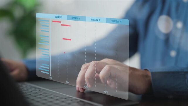 Manager or site engineer preparing project progress report. Industrial plant management using software to generate Gantt charts for construction scheduling and operations.