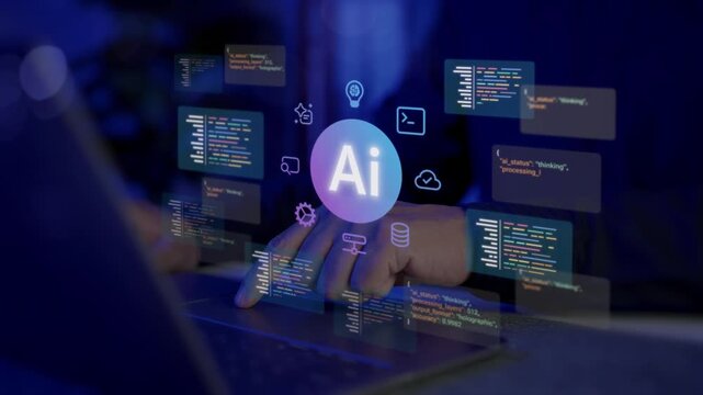AI-powered coding assistant for software development. A software engineer or programmer using AI to write and generate code, leveraging machine learning and data innovation.