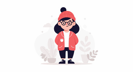 Fototapeta premium A stylized young person wearing a hat, glasses, and a jacket stands among plants