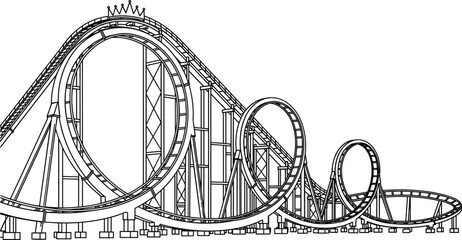Black and white line illustration of a large roller coaster track with multiple loops and steep drops for amusement park. © Atik