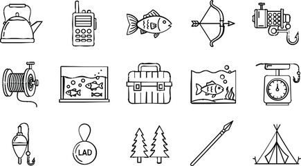 Fishing Equipment Outline Icon Set Vector Collection of Angling Tools, Fish, Bow, Hook, Tackle Box and Outdoor Camping Symbols © Hossain