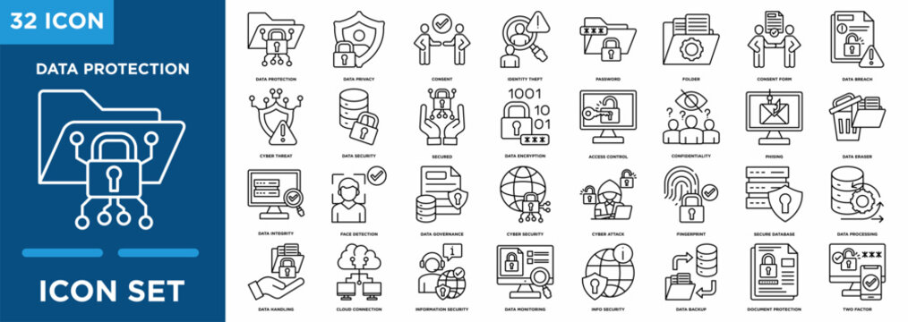 Data protection line icon set featuring cybersecurity, data security, privacy protection, encryption, firewall, password security, and secure server. Vector outline illustration.