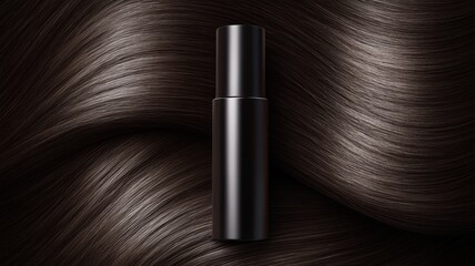光沢のある黒いヘアケアボトルと美しい髪の毛の質感。ヘアケア製品の広告や美容関連の素材。