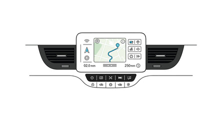 Car dashboard with navigation screen and media controls.