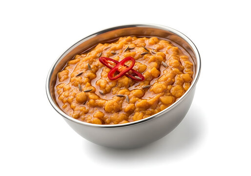  Spicy dal fry lentil curry garnished with fresh red chili slices and roasted cumin seeds in silver bowl over white.