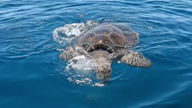 Marine Sea Turtle Surfaces in Deep Blue Ocean Water During Tropical Summer Swim Expedition