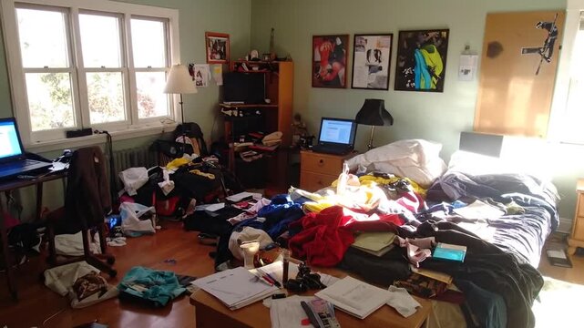 A cluttered bedroom with a messy bed, desk, and various items scattered around, creating a chaotic scene.