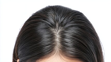 黒髪の頭頂部のアップ写真。ヘアケアや美容関連の素材に最適な頭皮のクローズアップ写真。