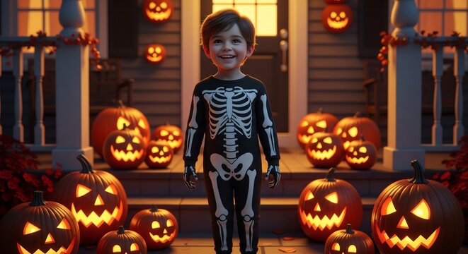 Smiling Boy in Skeleton Costume Amid Glowing Pumpkins on Porch at